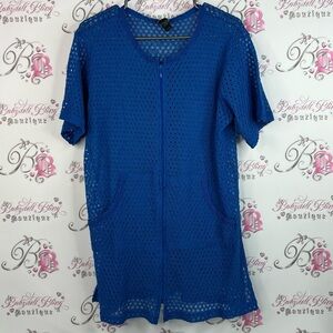Donna zip up crochet fishnet cardigan  Royal Blue Crochet Button Down Shirt